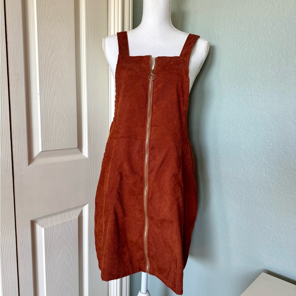 Rust Orange Corduroy-Style Dress with Front Zipper
